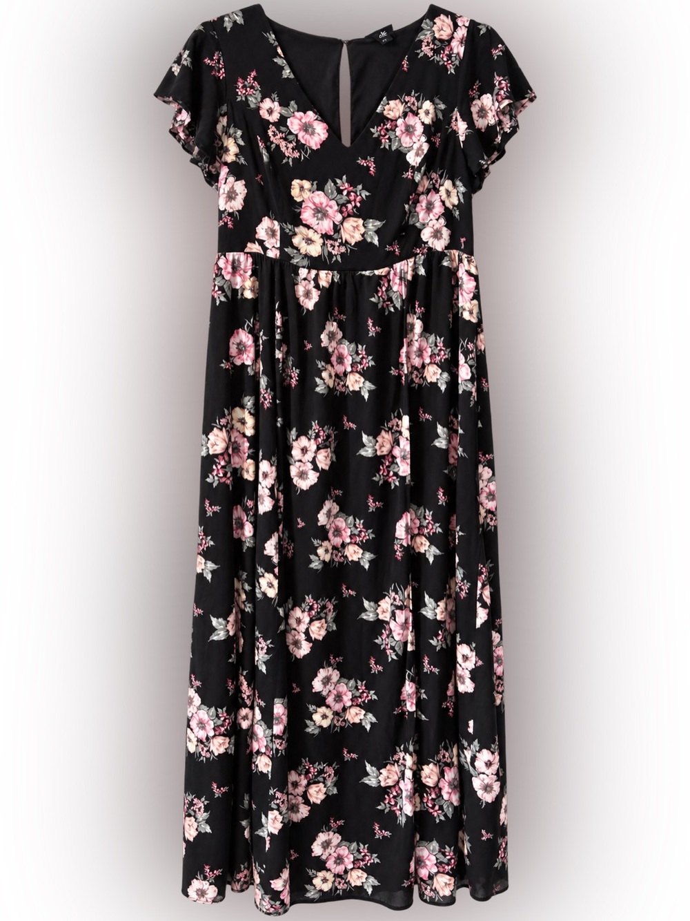 Torrid Size 1 (14/16) Black Floral Maxi Dress | Flutter Sleeve